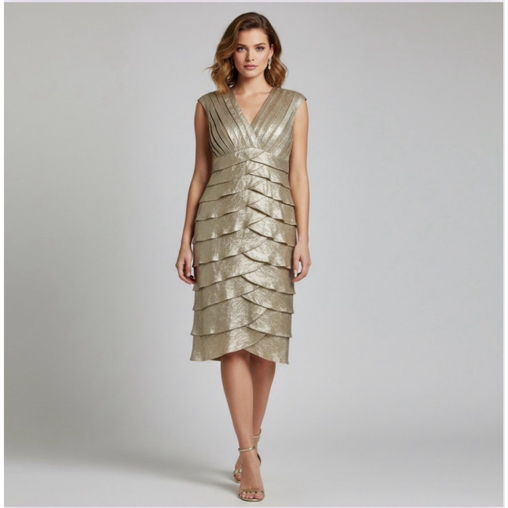 Adrianna Papell Women’s Champagne Gold Tiered Ruffle Cocktail Party Dress Size 4